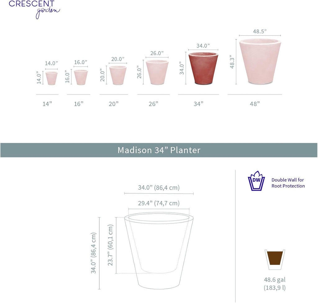 Crescent Garden Madison Planter– Weather-Resistant, Double Walled Indoor/Outdoor Plant Pot with Drain Hole – Extra Large Commercial Size Pot, 34-Inch (Mocha)