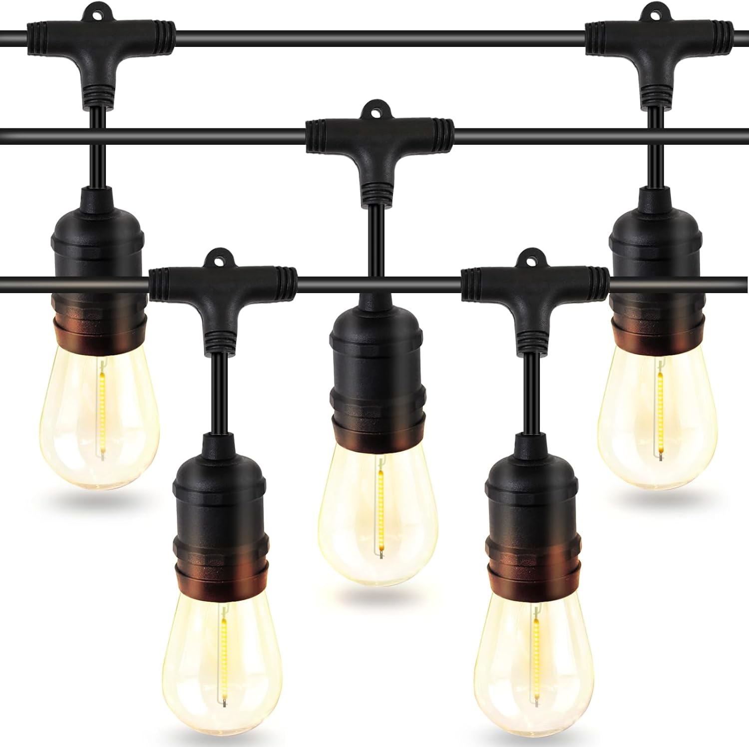 48ft LED Outdoor String Lights with 15+1(Spare) 1W Shatterproof Bulbs, Black Waterproof IP65 Connectable Outdoor Decorative Lights for Garden Patio Cafe Bistro Backyard Porch, UL Listed