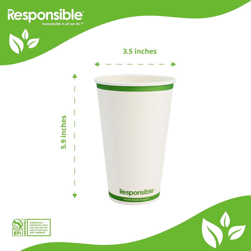 20 oz Paper Hot Cups, Tree-Less™ Compostable Paper Coffee Cups, Extra Strength, Tree-Free and Made Without PFAS, White (1000 Count)
