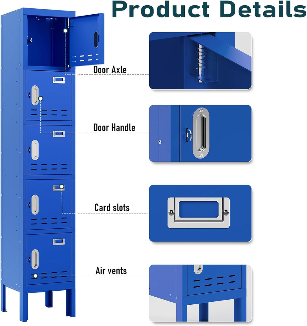 Metal Lockers - 66" Height Steel Lockers for Employees with 5 Door Storage Locker with Card Slot for Employees Gym School Home Office Garage - Assembly Required