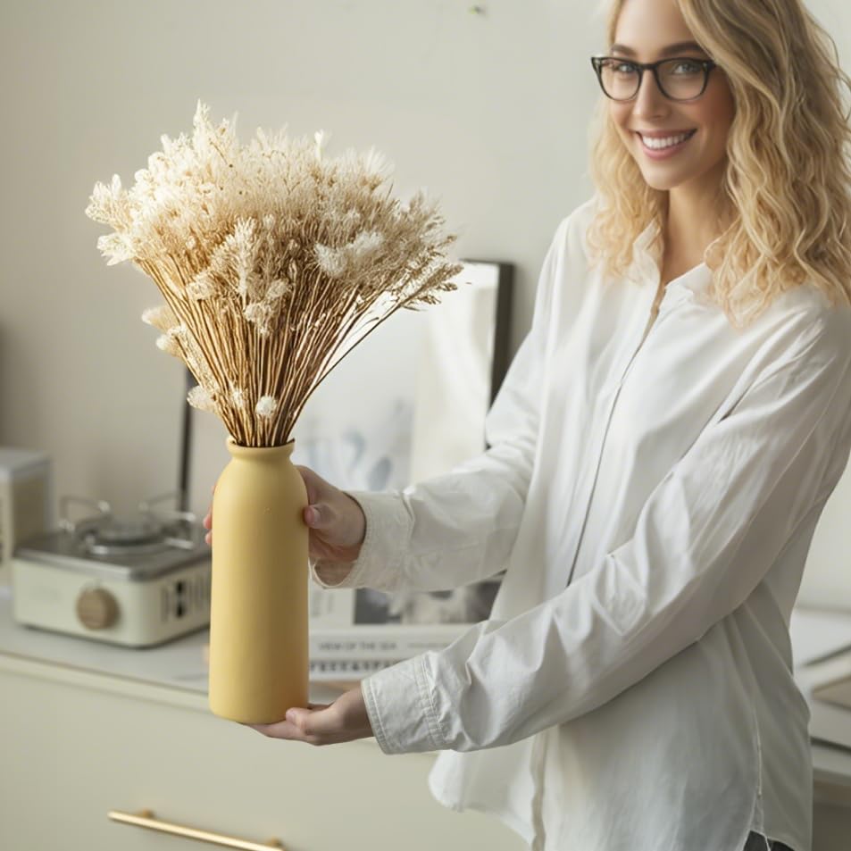 Ceramic Vase Set-3, Small Flower Vases for Decor, Modern Boho Farmhouse Style, Decorative Vases for Pampas Grass & Dried Flowers, Distressed Finish (Yellow)