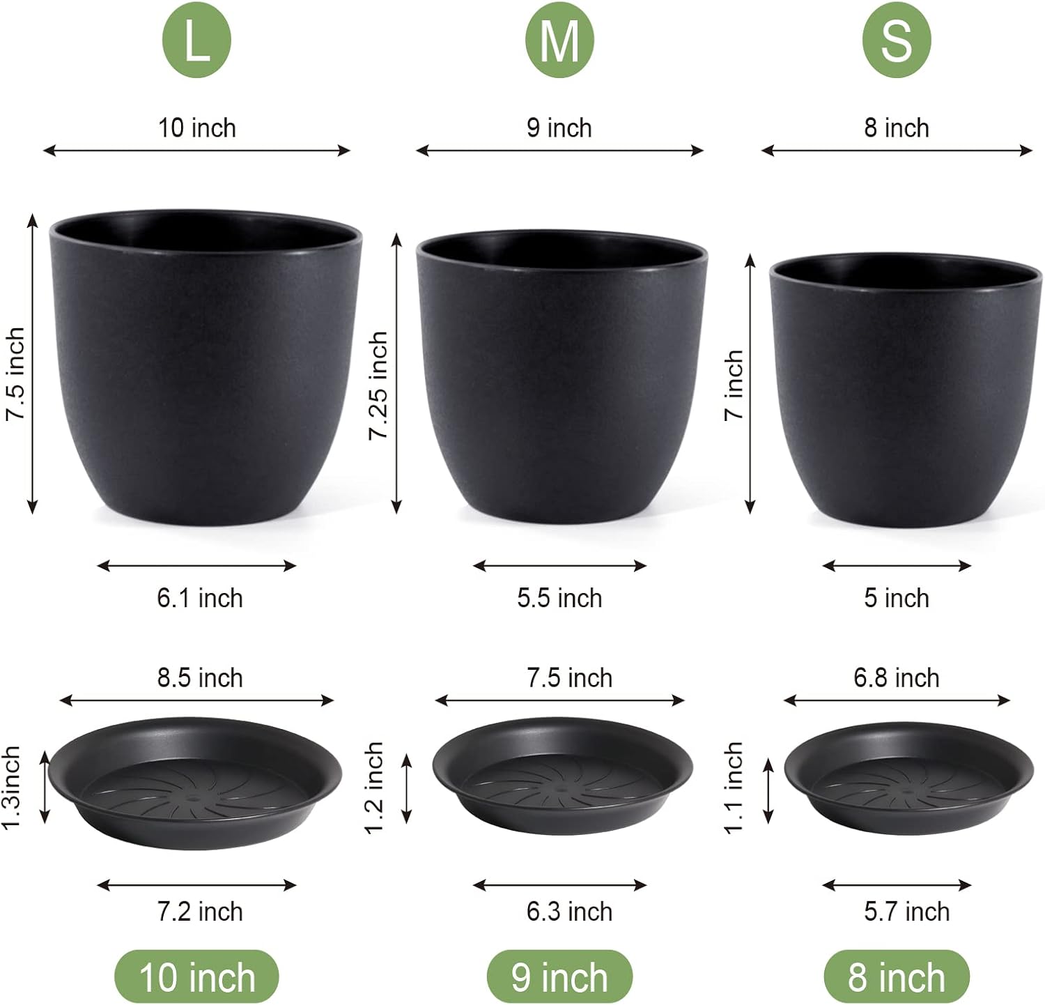 10/9/8 inch Medium Plant Pots, 3 Pack Modern Decorative Plastic Planters with Drainage Holes and Saucers, Flower Pots for Indoor Outdoor Plants, Black