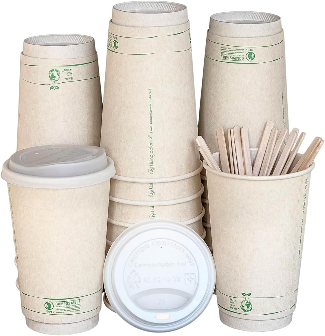 Living Balance Certified Compostable Coffee Cups with Lids 16 oz – 75 Pack Cups with Stirrers & Integrated Sleeves | Leak Proof, BPA-Free & CPLA Certified Plant-based | To-Go cup for Hot & Cold Drinks