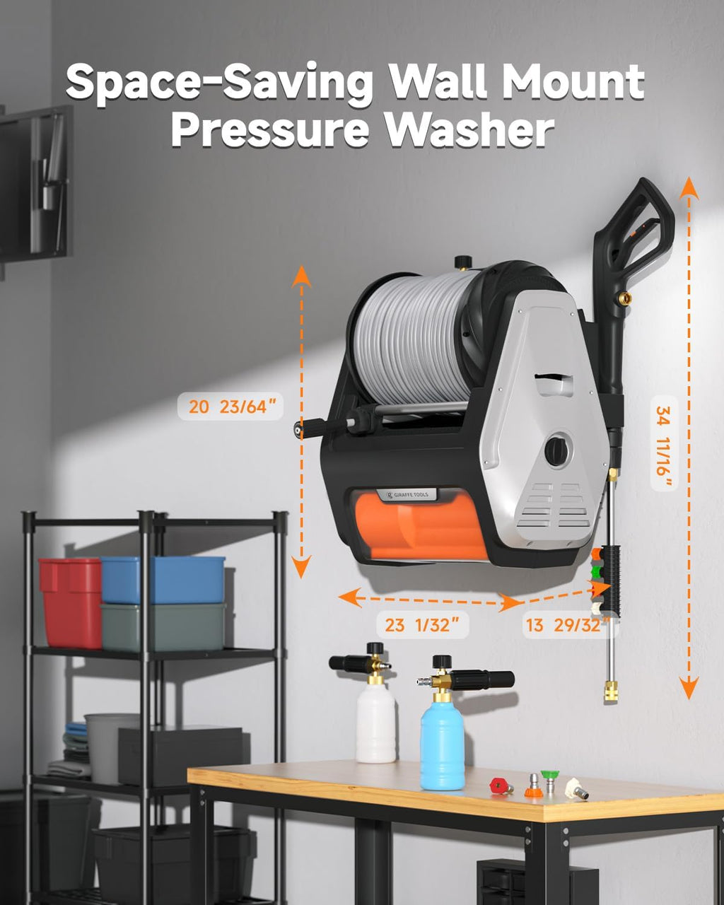 Giraffe Tools Wall Mounted Pressure Washer PRO with Upgraded 1800W Brushless Motor, Max 3700PSI Electric Power Washer with 100ft Detachable Hose for Car/Patios, Automatic Rewind, Any Length Lock
