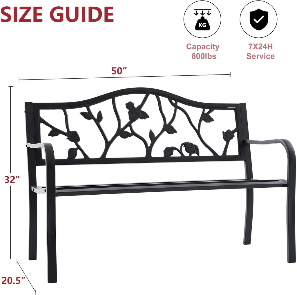 50” Strawberry Outdoor Garden Bench, Weatherproof Sturdy Cast Iron Metal Frame Patio Park Bench for Porch Yard Lawn Deck Park (Black Strawberry Style)