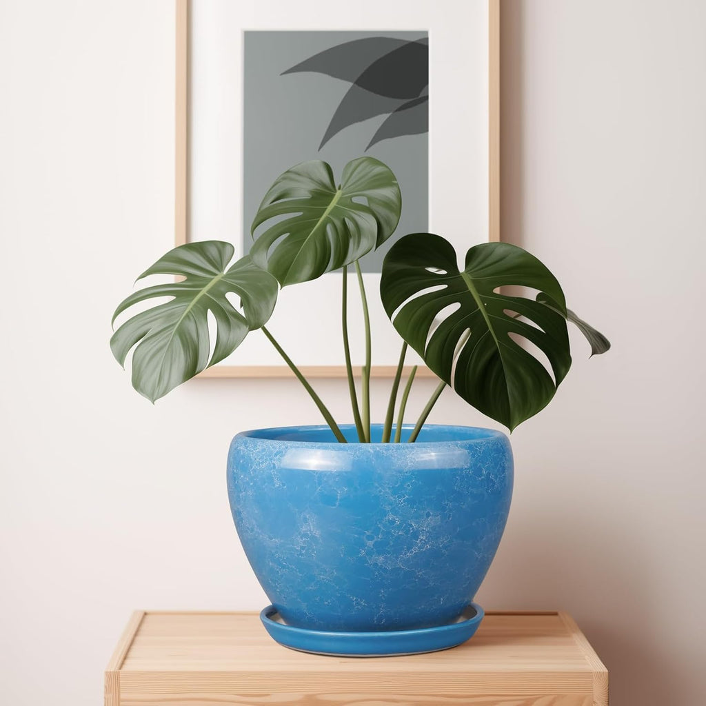 10 Inch Planter Pot - Ceramic Pots for Plants with Drainage Hole and Saucer, Round Large Flower Pot for Indoor Plants, Blue