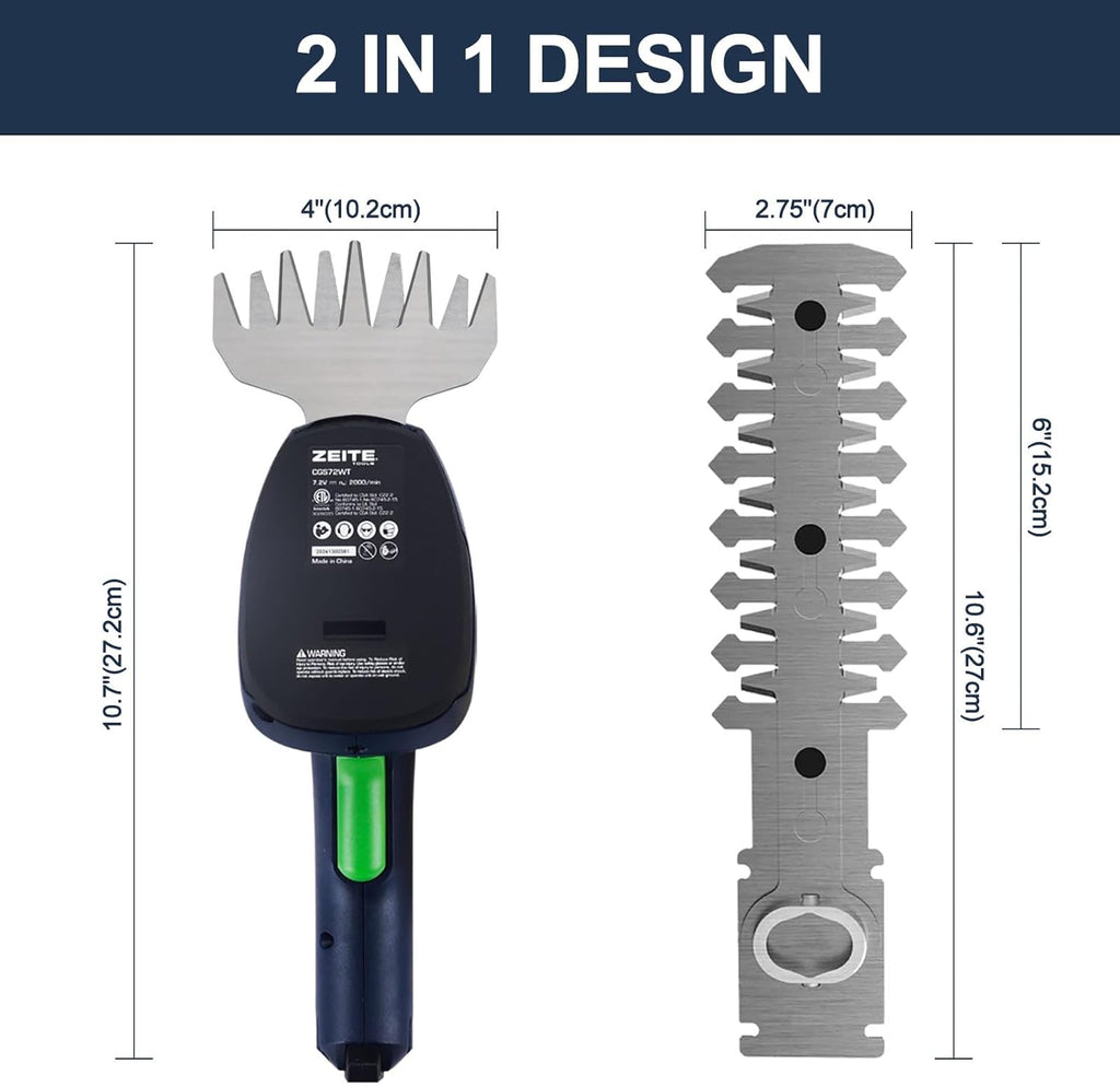 ZEITE 7.2V Grass Shear & Shrubbery Trimmer, 2-in-1 Cordless Grass Cutter and Mini Hedge Trimmer, Rechargeable Li-ion Battery and Charger,Long Handle,Versatile Garden Tool for Grass & Bush Trimming