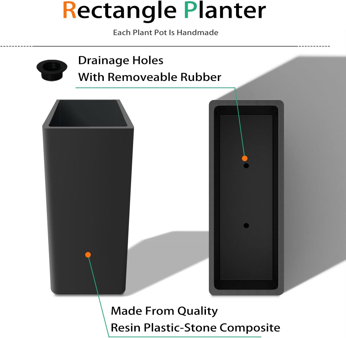 Rectangular Planter Box for Outdoor Plants, Large Tall Resin Garden Pots for Front Porch, Patio, Indoor (Black, 25 x 21 inch)