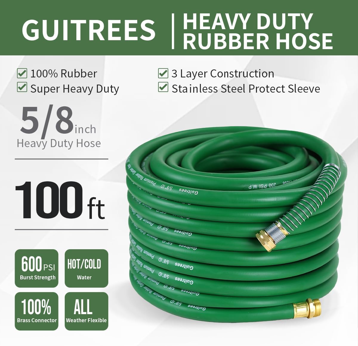 100FT 5/8 Heavy Duty Rubber Garden Hose - 200psi Working, 1000psi Burst - Hot/Cold Water - Five-Layered Braiding for Durability - Versatile for Gardening, Agriculture, Construction(Green)