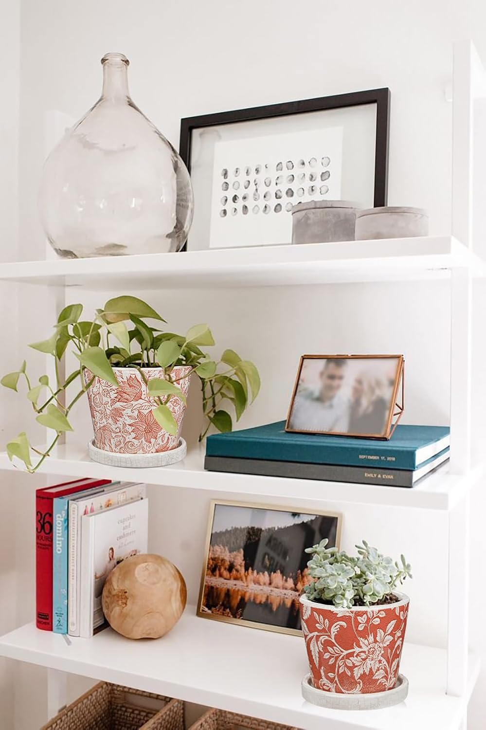 Set of 2 Ceramic Pink Orange Plant Pots with Drainage Hole and Saucers, Vintage Farmhouse Accent Planters for Indoor Plants, Round Flower Pots Rustic Succulent Pot Terracotta Tubs 5.7/4.7 Inch