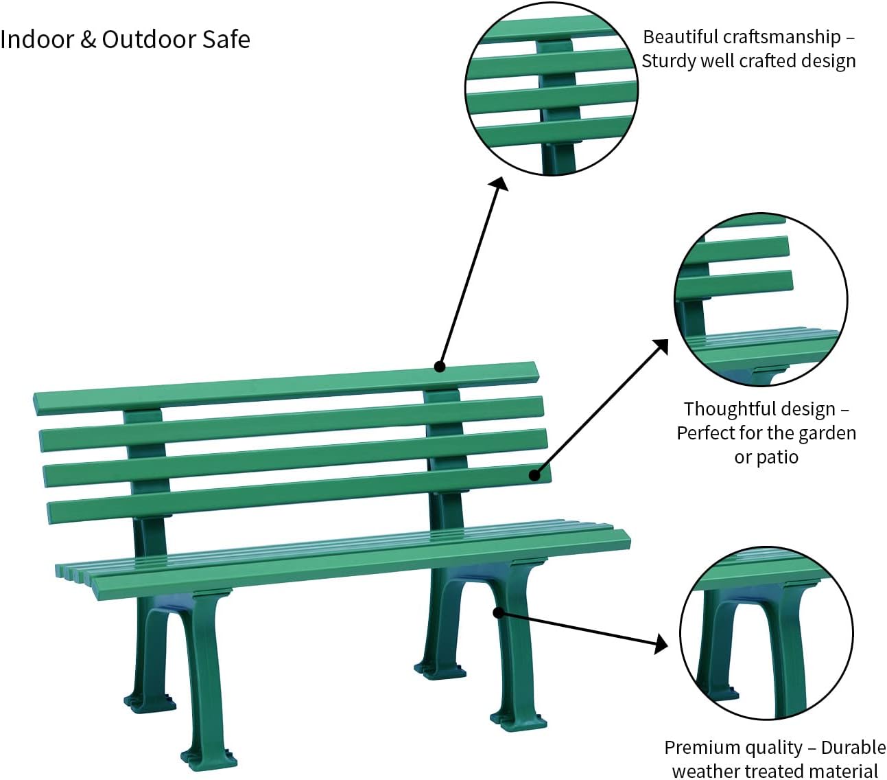 Plow & Hearth Weatherproof German PVC Outdoor Bench | Holds Up to 500 lbs | Garden Patio Porch Park Deck | Steel and Resin | Green