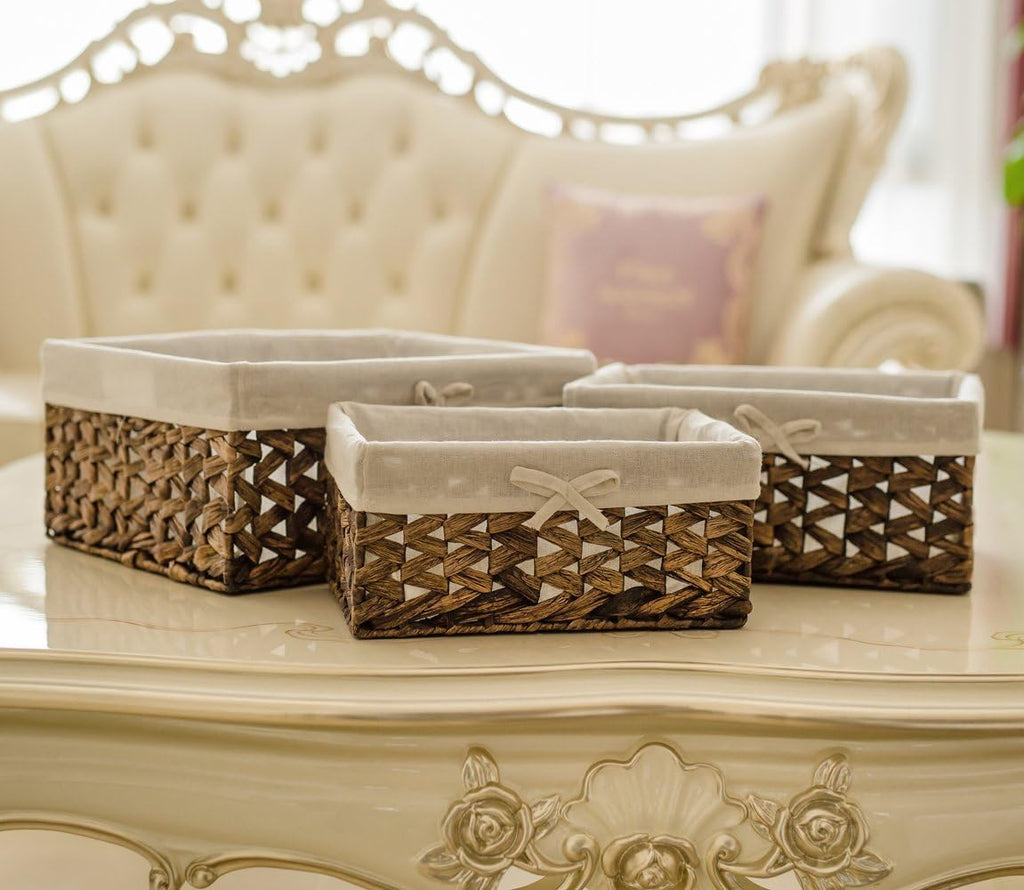 Rectangular Woven Seagrass Storage Bin with Handle,Kingwillow. (water hyacinth, Large)