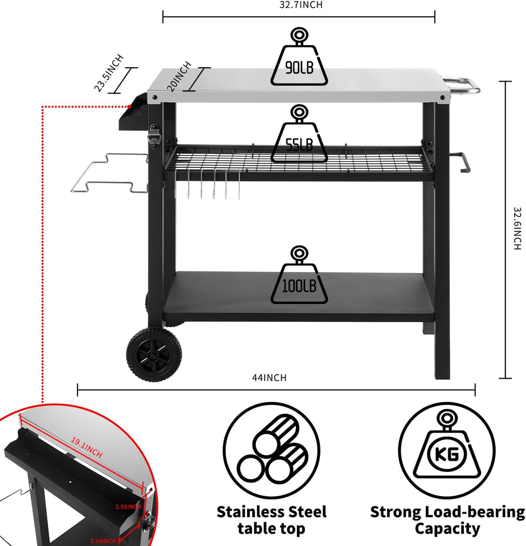 Dining Cart Table with Three Shelf, Movable Outdoor BBQ Grill Table Pizza Oven Stand with Three Hooks, Kitchen Cart Island Multifunctional Food Prep Table for Inside and Outside (Sliver)