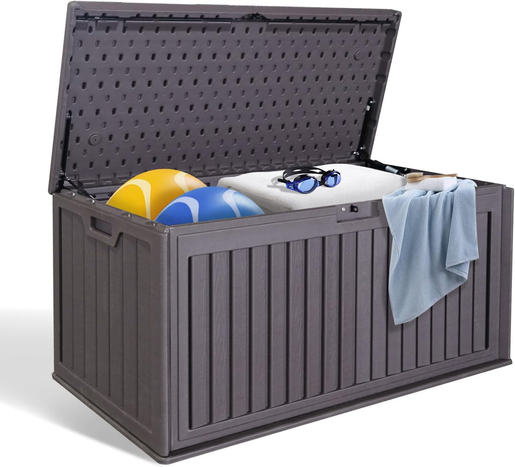 100 Gallon Outdoor Storage Box Waterproof, Resin Deck Box with Dual-Wall, Patio Cushion Storage Box for Garden Tools, Pool Supplies, Toy