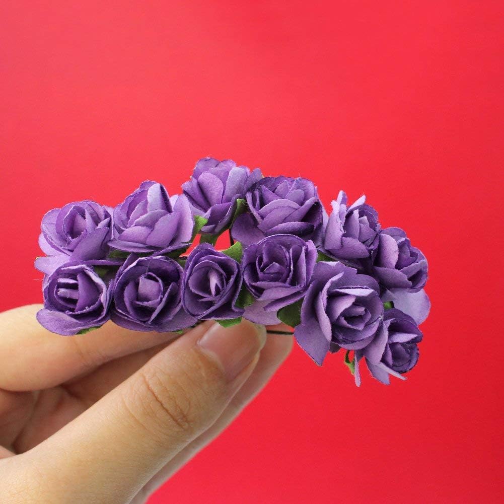 Mini Fake Rose Flower Heads 144pcs Mini Artificial Mulberry Paper Roses Flower with Wire Stem DIY Wedding Flowers Accessories Make Bridal Hair Clips Headbands Dress (Purple)