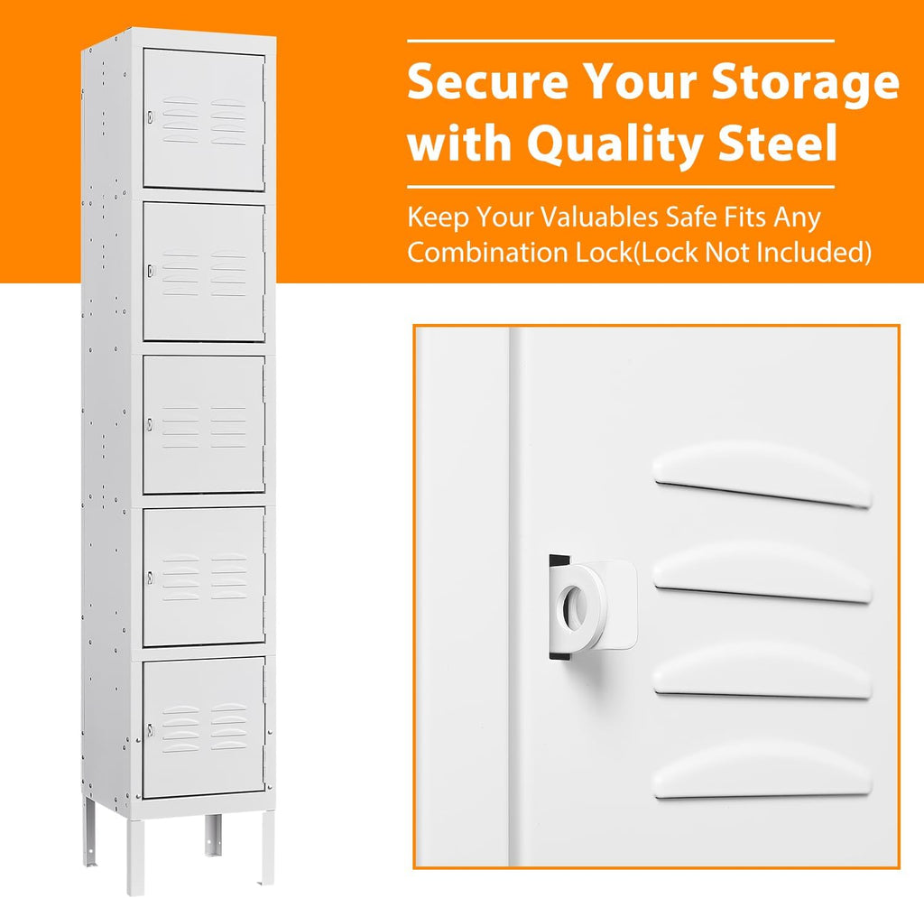 Metal Lockers for Employees, Steel Storage Locker with 5 Doors for Home, Office, School, Gym (White)