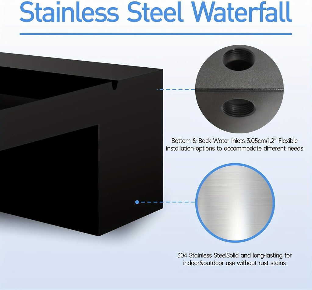 Pool Fountain Stainless Steel Pond Waterfall Spillway Kits for Indoor/Outdoor Decorative, 12 Inches Black Pool Water Feature for Garden Patio, Backyard Koi Pond Decor(No LED Light)