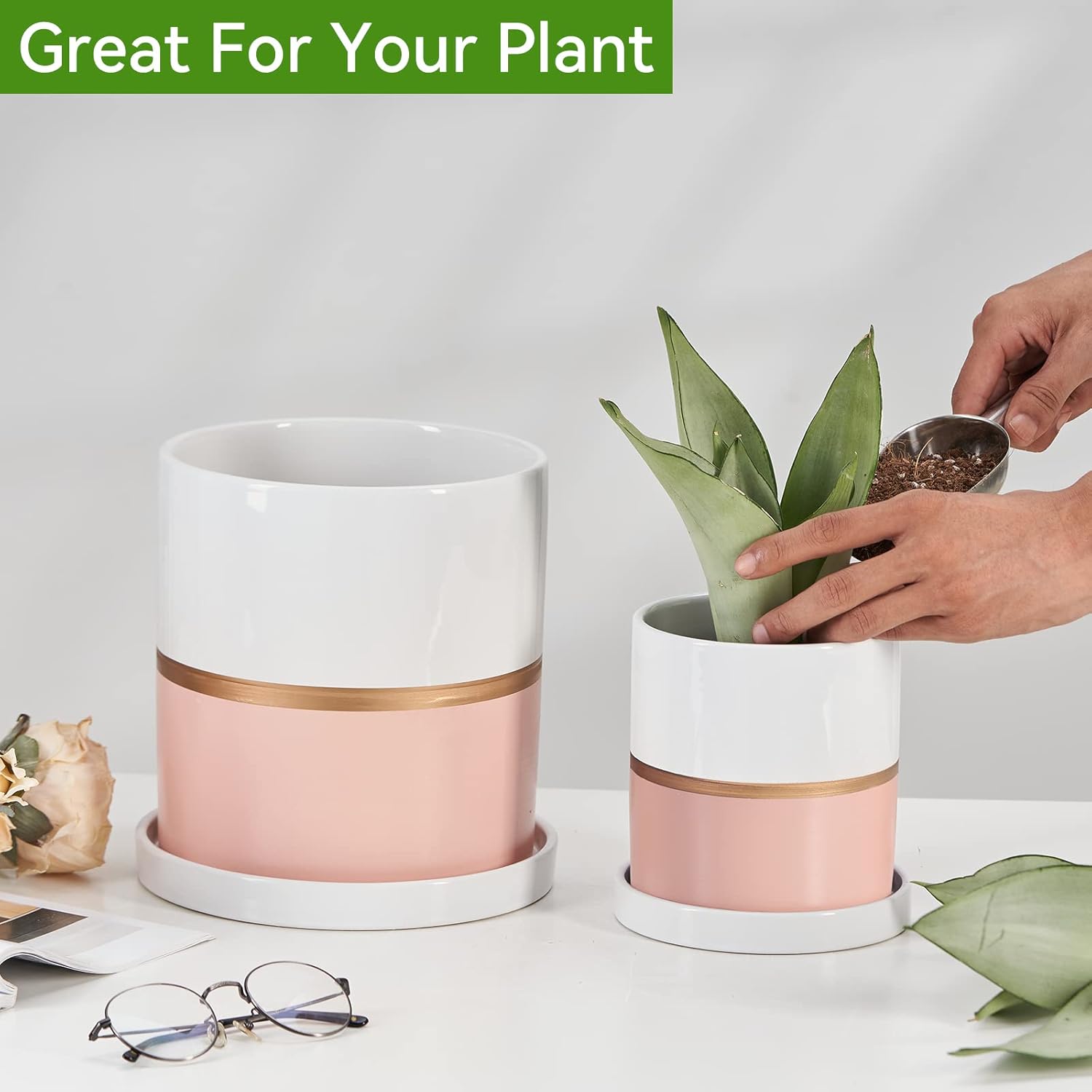 Ekirlin 5 inch Plant Pot - Ceramic Flower Planters Indoor - Modern Succulents Containers with Drain Hole Saucer, Decorate Home, Office & Outdoor (Pink)