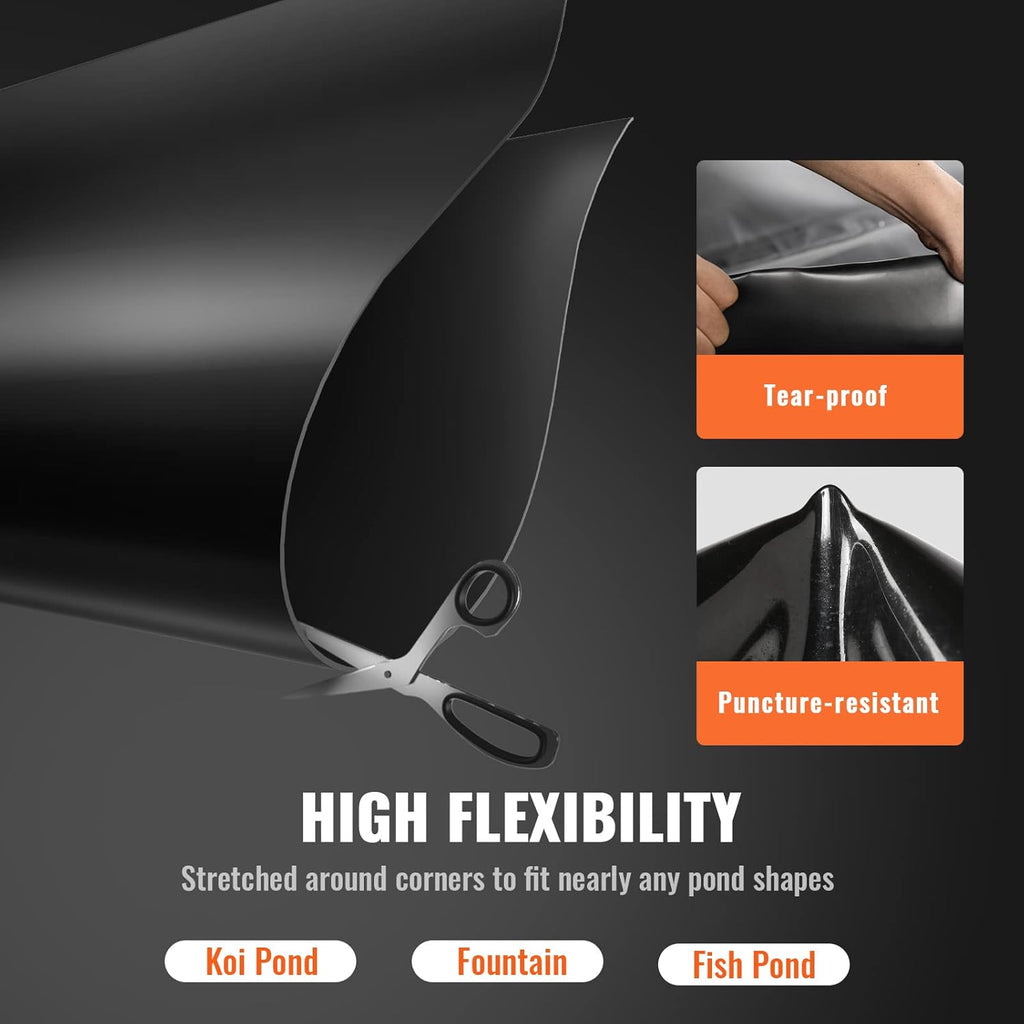 VEVOR 30 x 35 ft Pond Liner, 45 Mil Thickness, Pliable EPDM Material, Easy Cutting Underlayment for Fish or Koi, Features, Waterfall Base, Fountains, Water Gardens, Black