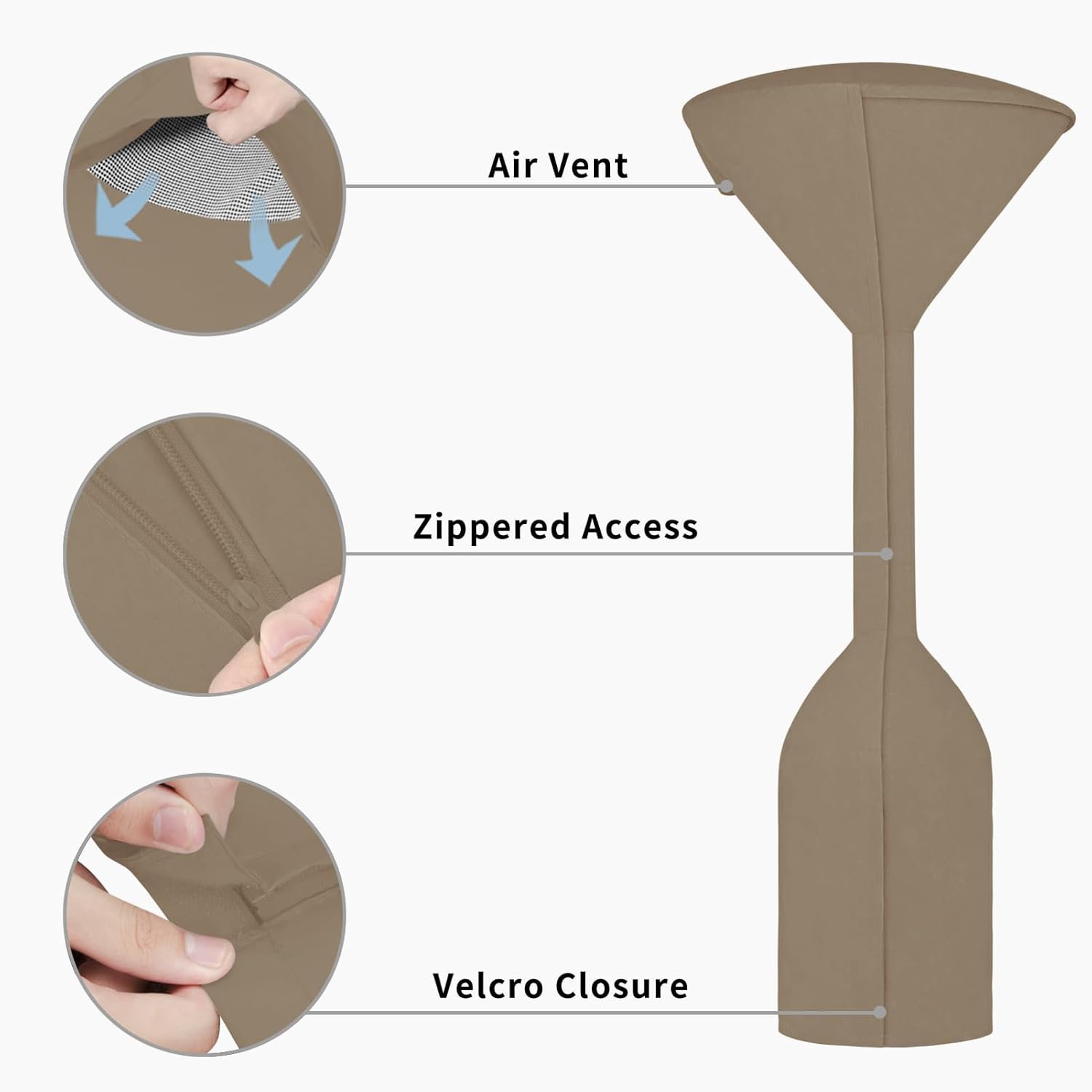 Easy-Going Stand-Up Patio Heater Cover with Zipper and Storage Bag, Waterproof Outdoor Heater Cover Dustproof, UV-Resisant, Wind-Resistant (95" H x 34" D x 19" B, Camel)