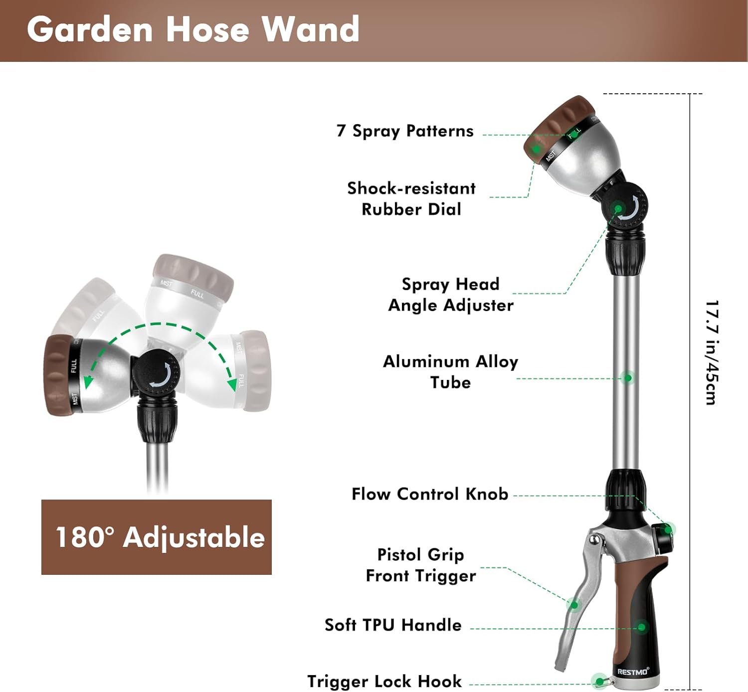 RESTMO Metal Watering Wand, Heavy Duty Garden Hose Wand with 180° Swivel Ratcheting Head, 16'' Hose Nozzle Sprayer with 7 Spray Patterns and Flow Control, for Water Hanging Baskets and Shrubs, Brown