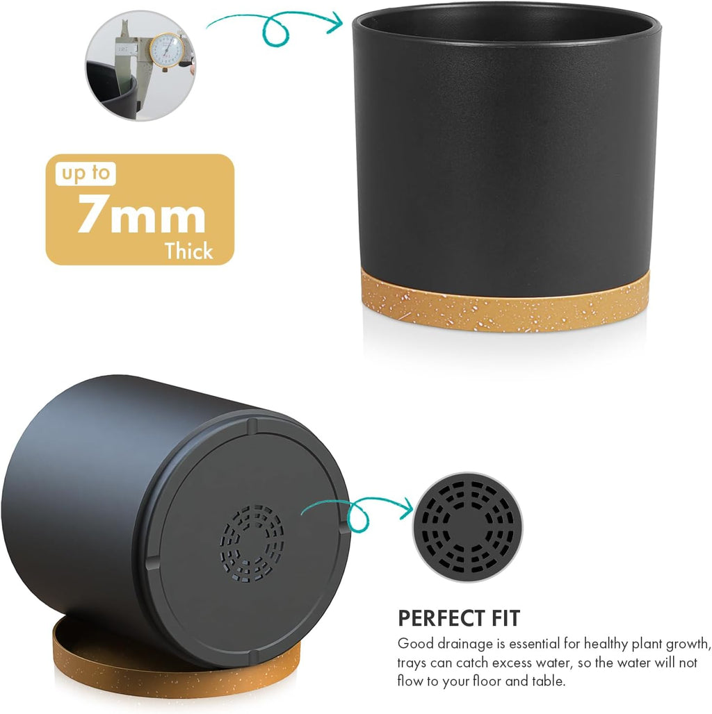 10 Inch Large Deep Plant Pots for Indoor Outdoor, Tall Cylinder Flower Pots with Drainage Holes & Saucer, Big Plastic Planter Pots for Garden House Plants, Black with Brown