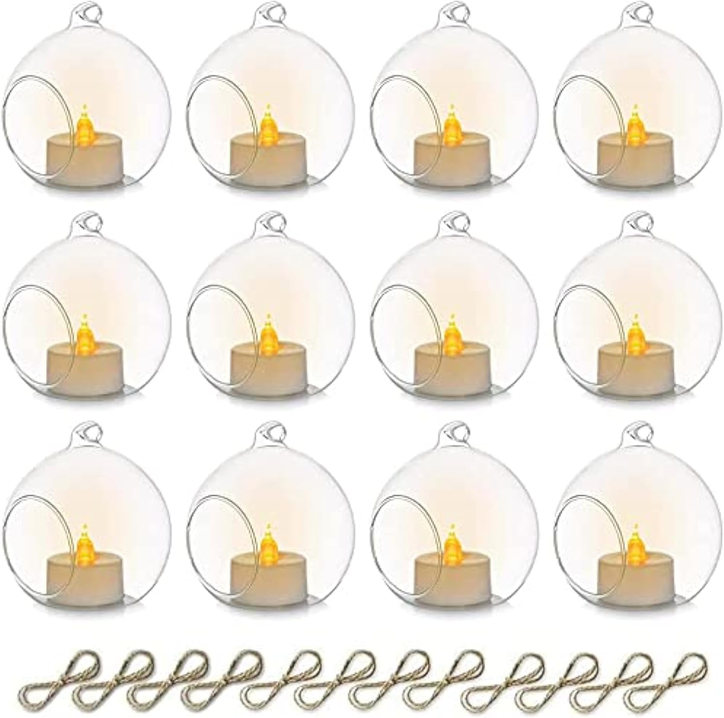 Sziqiqi Hanging Glass Globes Orbs Tea Light Candle Holders with Flameless LED Tealight for Wedding Ornaments Wedding Birthday Christmas Party Centerpiece Accessory 3.15in 12pcs