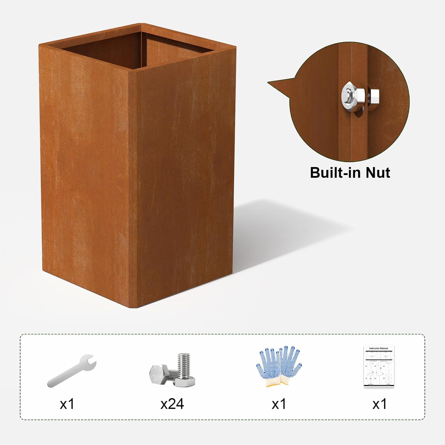 24" Tall Planter for Outdoor Plants, Large Outdoor Co-rten Steel Flower Pots, Front Porch Furniture, Garden Pots, Heavy-Duty Design Decorative Planters for Indoor/Outdoor, Patio, Balcony, Rusty