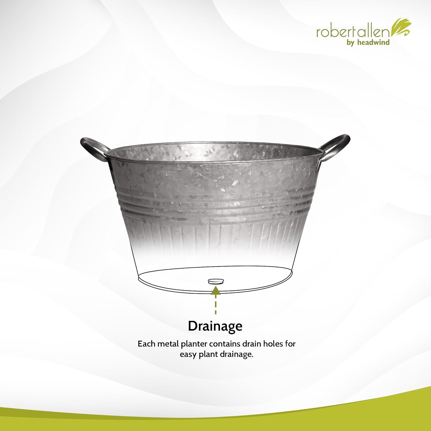 Headwind Round Galvanized Tub Planter with Handles – 12 Inch Lightweight Metal Planter with Drainage Hole – Galvanized Steel Tub for Plants - Metal Flower Pot by Robert Allen