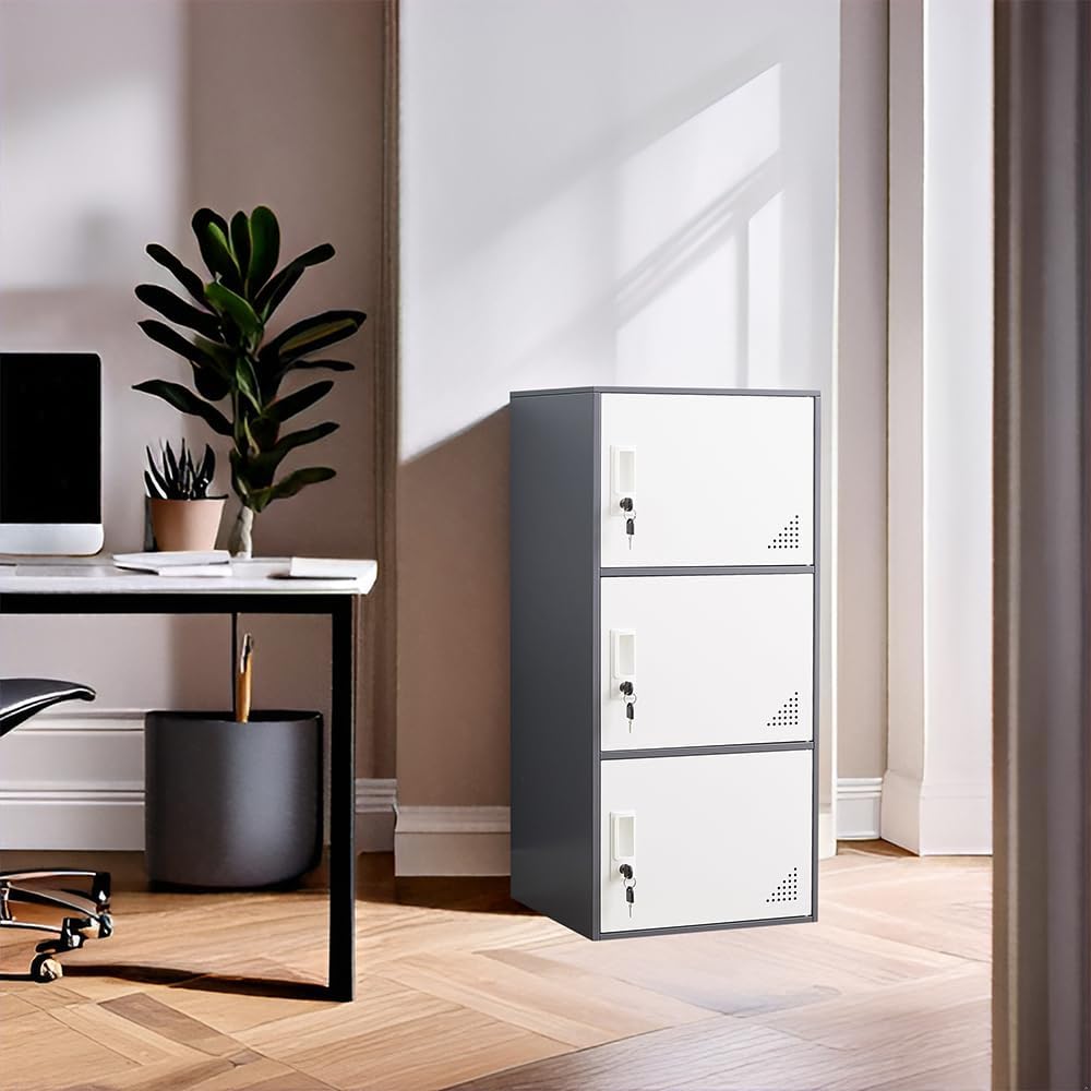 Student Locker Organizer, Multi-Door Steel Locker, Small Locking Cabinet Storage Organizer, Office File Cabinet, Home Locker, Gym Locker, Metal Storage Locker (3 Door, Gray & White)