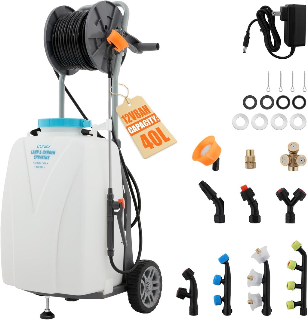 10.6 Gallon Battery Powered Sprayer with Wheeled Cart, 0-90PSI, 12V 8Ah Battery 5-6h Spray Time,98FT Hose with Reel，Adjustable HD Wand and 10 Nozzles for Weeding, Spraying, Cleaning
