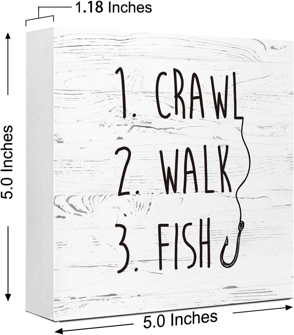 White Crawl Walk Fish Rustic Wooden Sign Desk Decor, Funny Baby Fishing Wood Block Sign for Home Bedroom Baby Room Shelf Table