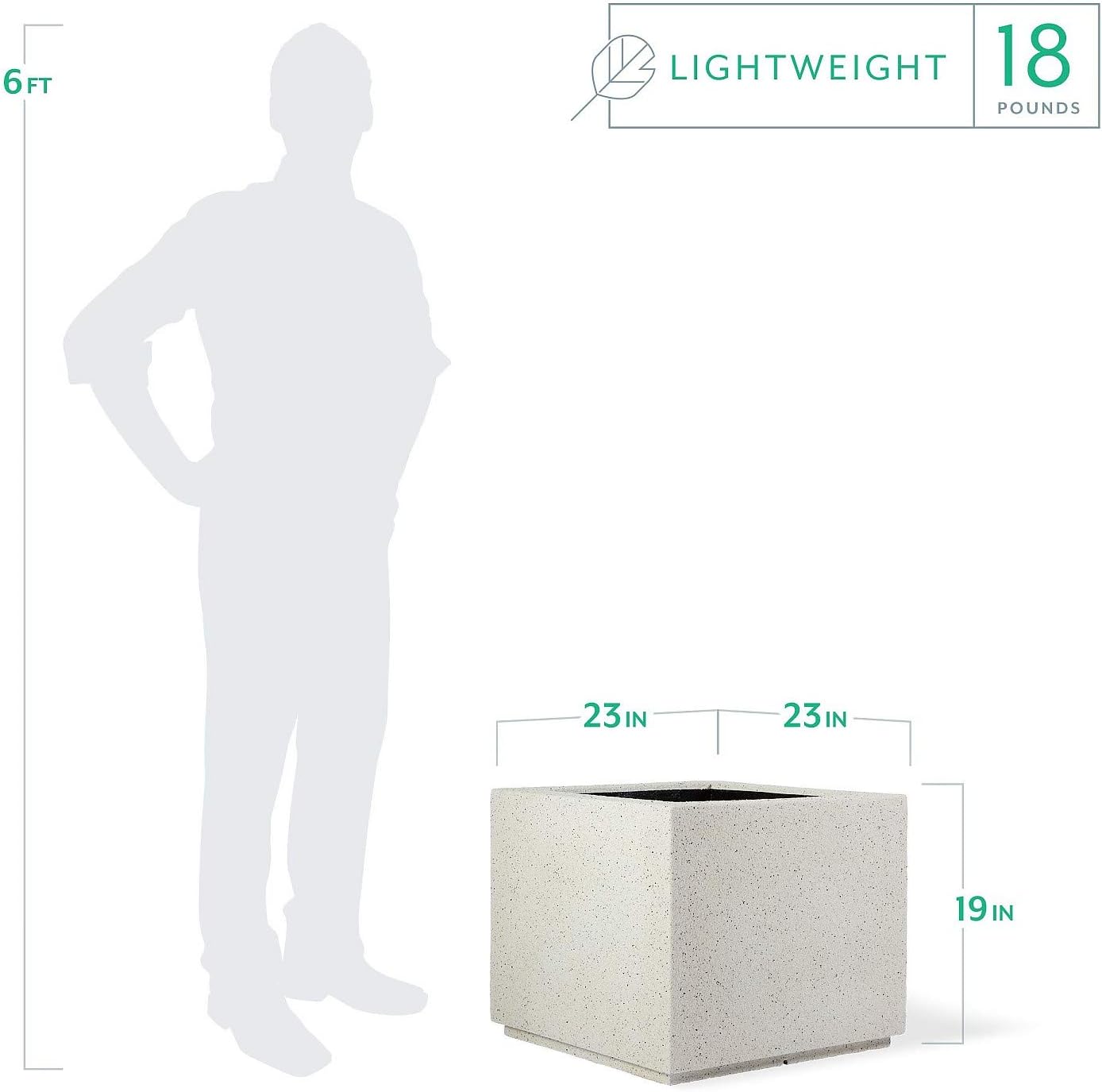 PolyStone Monterray Modern Outdoor/Indoor Square Planter, 23" L x 23" W x 19" H, Lightweight, Heavy Duty, Weather Resistant, Polymer Finish, Commercial Grade and Residential (White Granite)