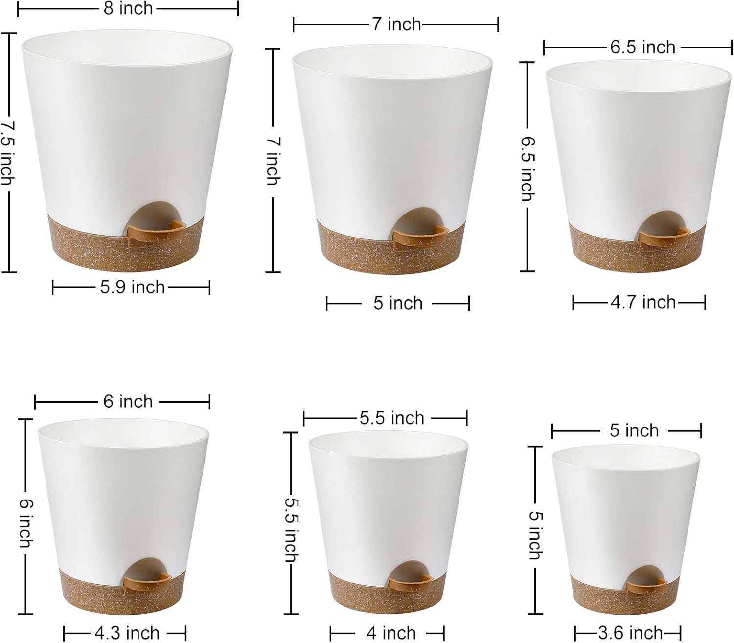 Indoor Self Watering Planters with Drainage Holes and Saucers, 8, 7, 6.5, 6, 5.5, 5 Inches, White, 6 Pots