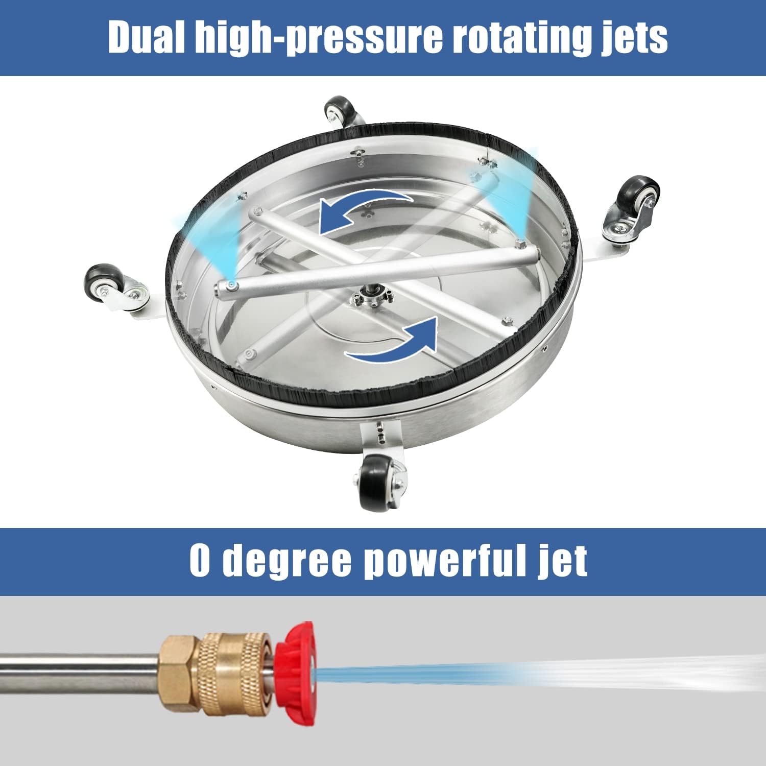 JANZ 20'' Pressure Washer Surface Cleaner with 4 Wheels, Stainless Steel Housing, 1/4" Quick Plug, 2 Extension Wands, 2 Replacement Nozzles and 3 Spray Nozzles, 4000 PSI