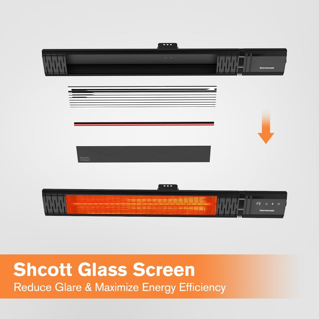 Small Outdoor Heater for Patio, thermomate 1500W IP65 Electric Infrared Heater with Low Glare Schott Glass, 9 Heating Levels & 24H Timer, Plug-in 120V Black