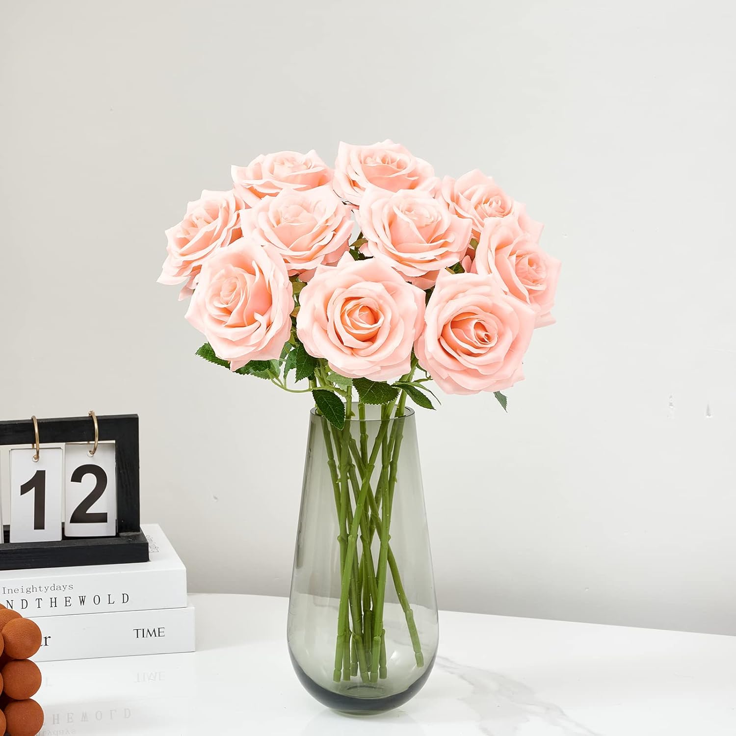 Artificial Rose 10pcs Open Flower Bouquet Faux Rose Stems for Wedding Arrangement, Bridal Bouquet, Centerpiece, Fake Faux Silk Flowers (Coral Peach)