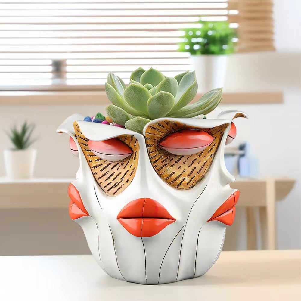 TOZLU Art Abstract Face Planters Pots Head,Unique Fun Abstract Face Flower Pot Ornaments Head Planter Pots Container Colorful Face Resin Flower Pot for Home and Garden Decor(face Flower Pot)