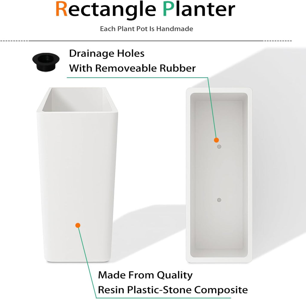 Rectangular Planter Box for Outdoor Plants, Large Tall Resin Flower Pots for Garden, Front Porch, Patio, Indoor (White, 25 x 21 inch)