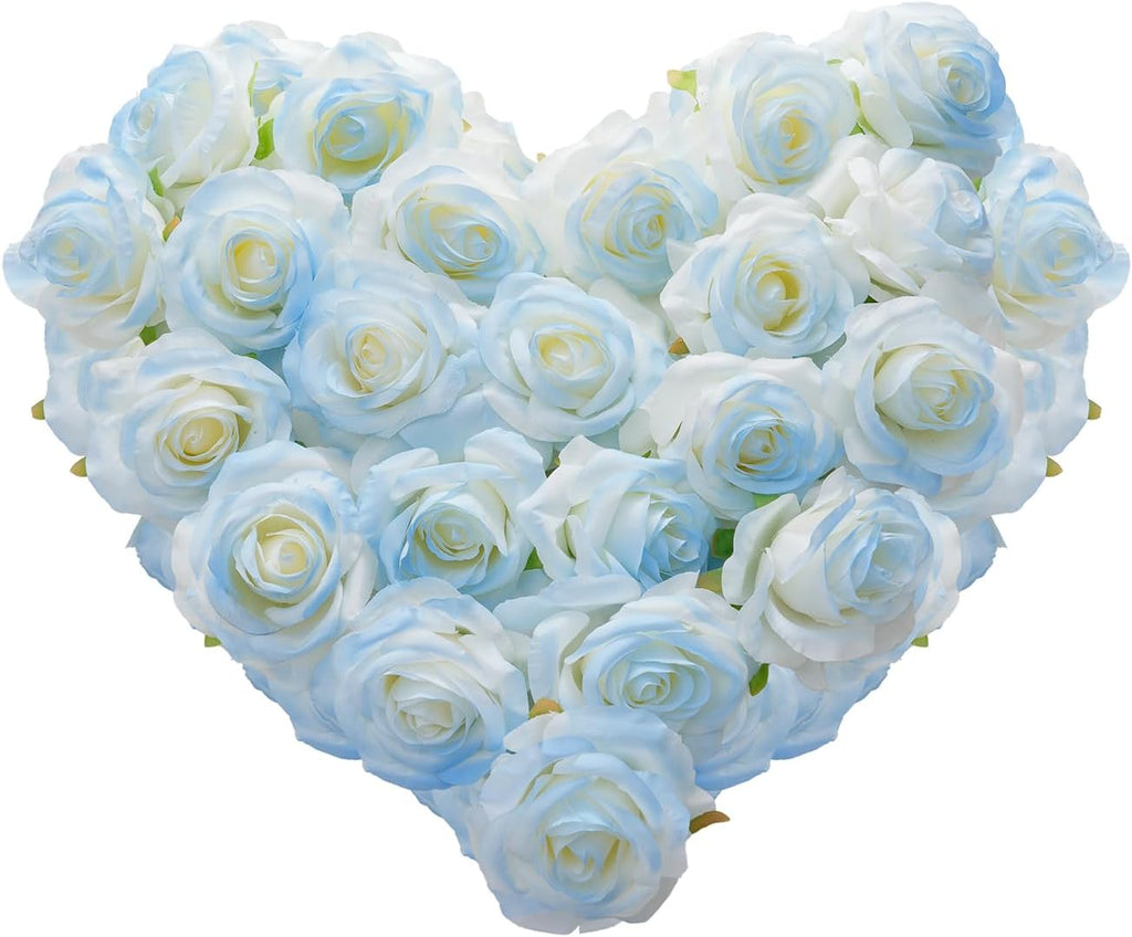 Ice Blue Artificial Roses Fake Flowers Not Bend The Peduncle with Stems for DIY Wedding Bouquets Bridal Shower Centerpieces Arrangements Tables Decorations 24pcs