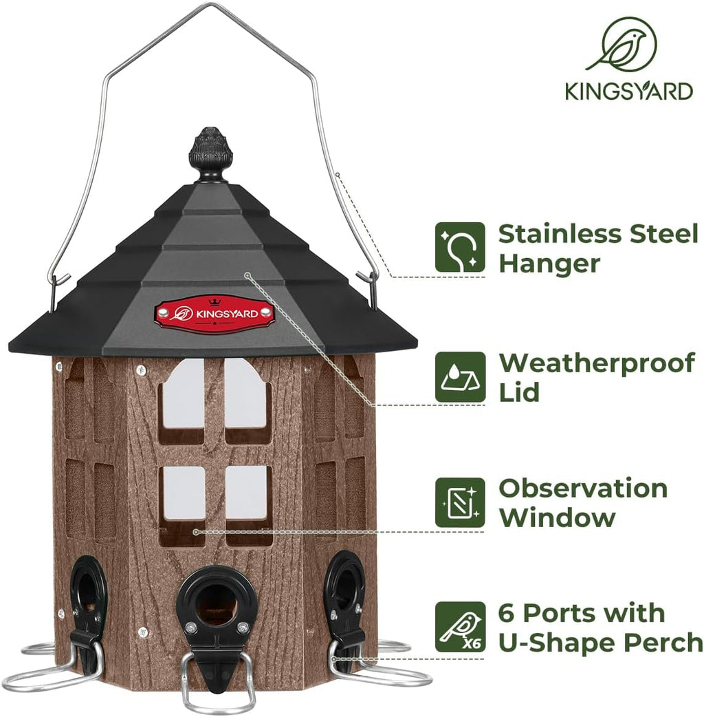 Kingsyard Wild Bird Feeder for Outdoor Hanging, Recycled Plastic Bird Feeders with 6 Ports & U-Shape Perch, Garden Yard Outside Decoration, 3.5 lbs Seed Capacity, Brown