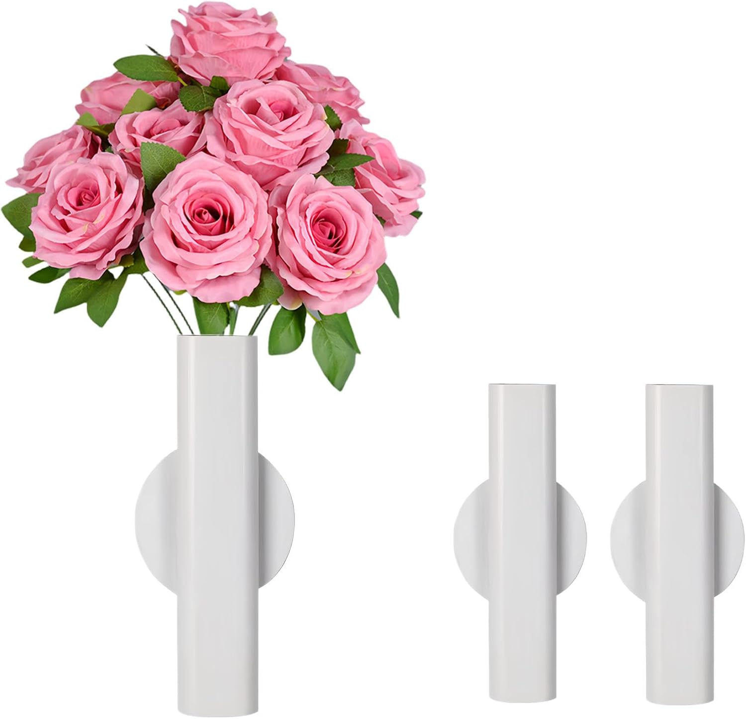 Self Adhesive Wall Vase Metal Tube Decoration Holder Used to Display Dried Flower, Faux Flowers, Fake Flowers, Also Suitable for Cemetery Memorial Decoration (2 Pcs White)