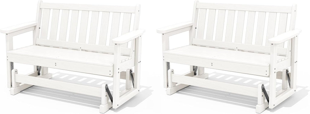 SERWALL Outdoor Glider Bench Set of 2, HDPE Weather-Resistant Swinging Bench for Backyard Garden Porch, White