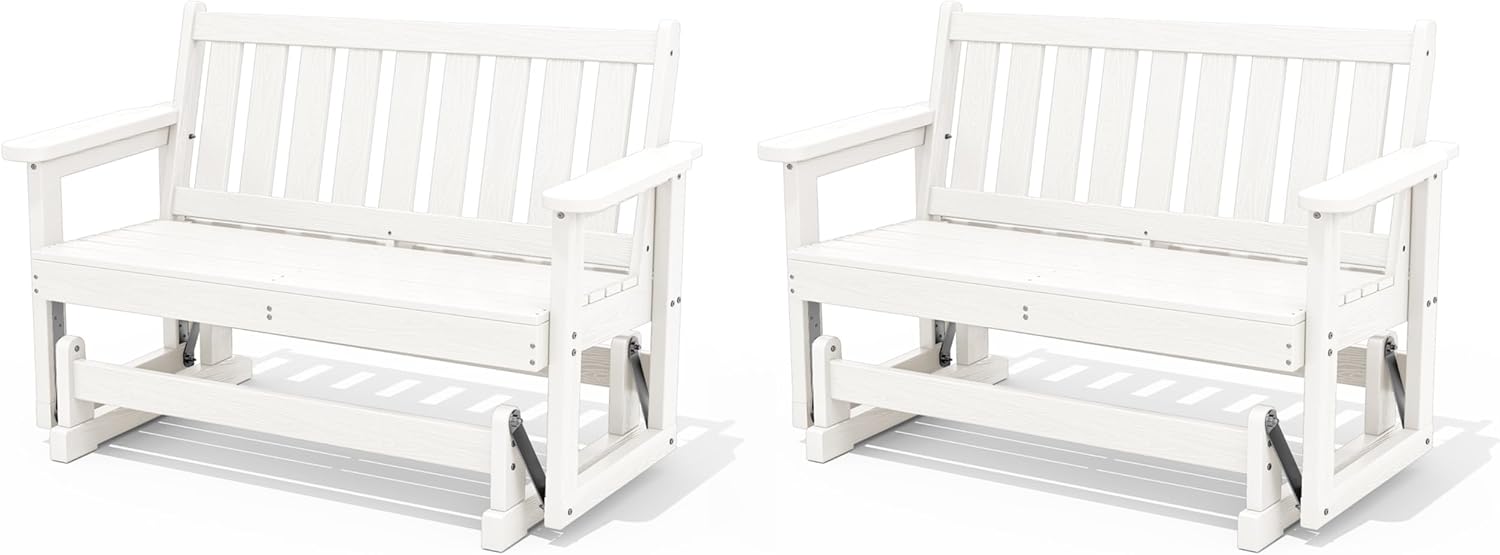 SERWALL Outdoor Glider Bench Set of 2, HDPE Weather-Resistant Swinging Bench for Backyard Garden Porch, White