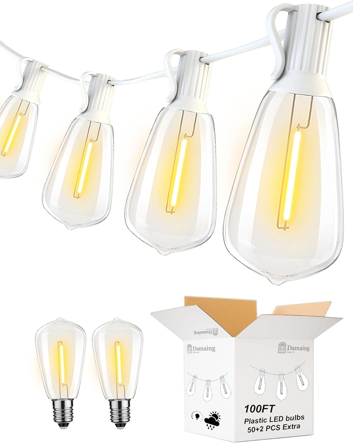 DAMAING LED Outdoor String Lights 100FT Patio Lights with 52 Shatterproof Edison Bulbs,Dimmable Hanging Lights,Waterproof String Lights for Outside Wedding,Bistro,Porch,Backyard,2200K