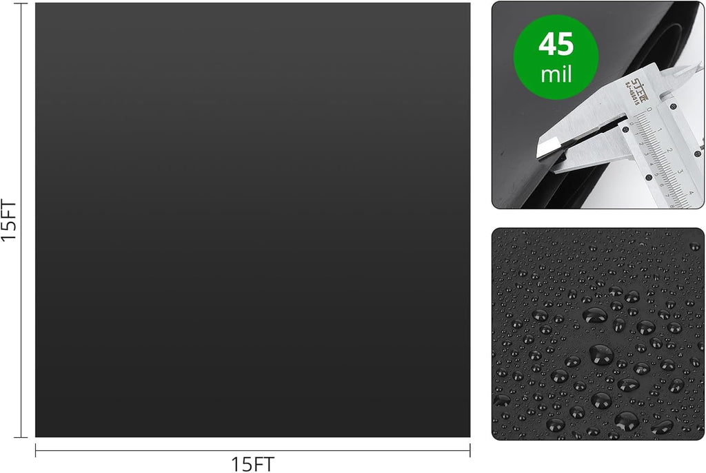 45 Mil EPDM Pond Liner 15x15ft - Fish-Safe Rubber for Outdoor Ponds, Waterfalls, Koi Fish Ponds, Landscaping - Puncture Resistant, UV Proofs, Durable, Flexible Water Barrier