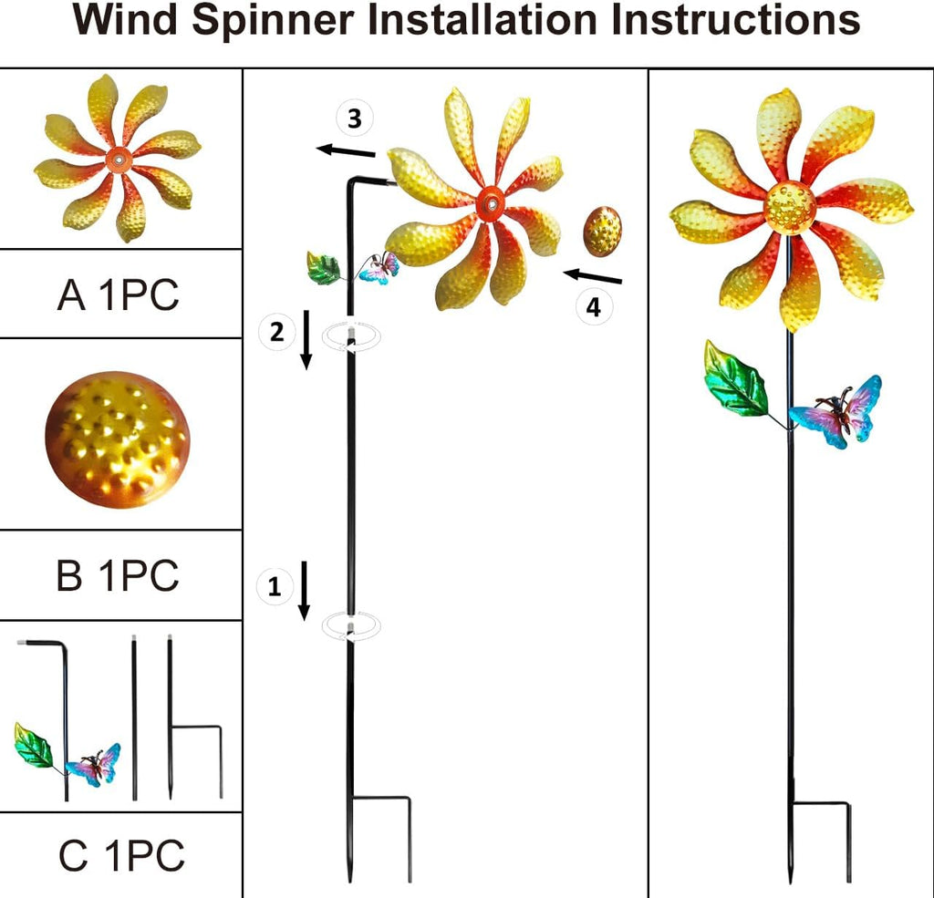 Metal Outdoor Flower Wind Spinner with Yellow Floral & Blue Butterfly, Decorative Kinetic Wind Sculpture for Yard, Garden, Patio, Lawn - Vibrant Garden Art & Lawn Ornament for Outdoor Decor