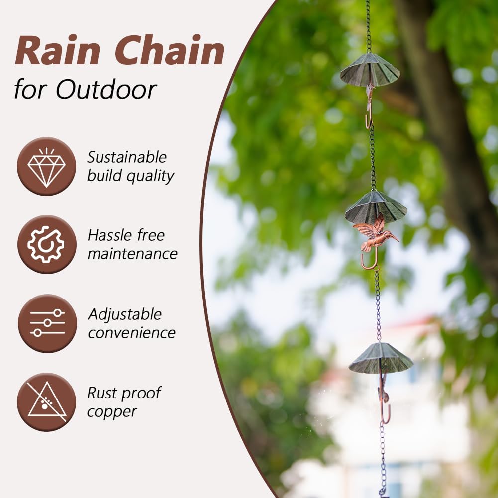 9.54 FT Rain Chain, Umbrella-Shaped Rain Chain for Outside with 10 Cups & Hummingbird Decor, Adjustable Rain Catcher Chain for Gutters, Eaves, Drainage, Replacement for Downpout