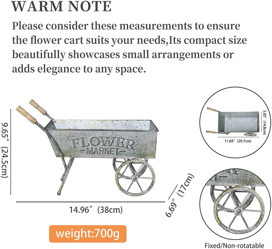 15 Inch Farmhouse Small Flower Cart with Wooden Handles Metal Wagon Planters for Outdoor Plants Decorative Wheelbarrow Plant Cart for Patio Garden Balcony Gray