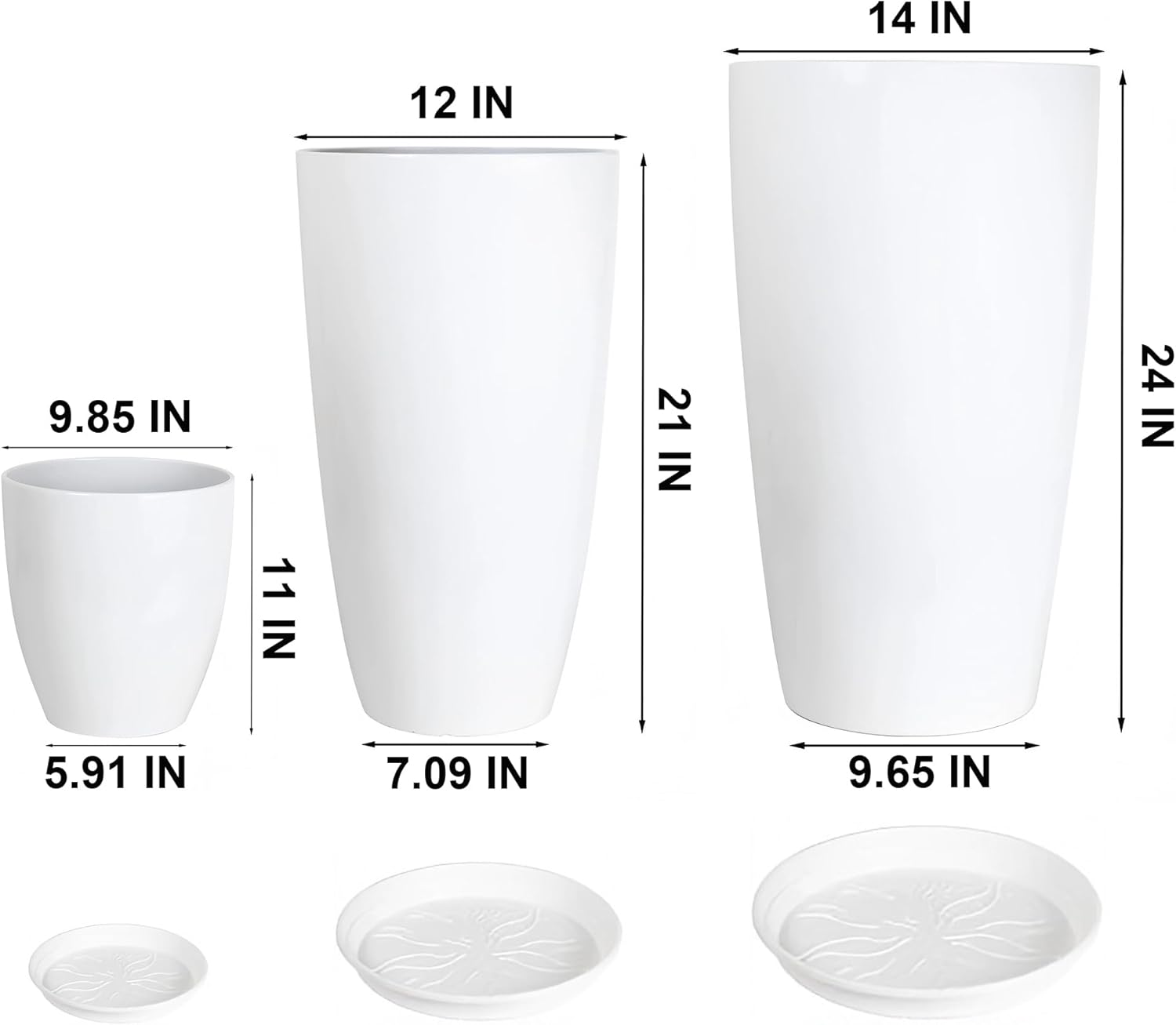 24,21,11 Inch Large Plastic Planters with Drainage Hole and Saucer - Set of 3 Tall Plant Pots Indoor Flower Pot Tall Round Planters Outdoor Large Tall Planter